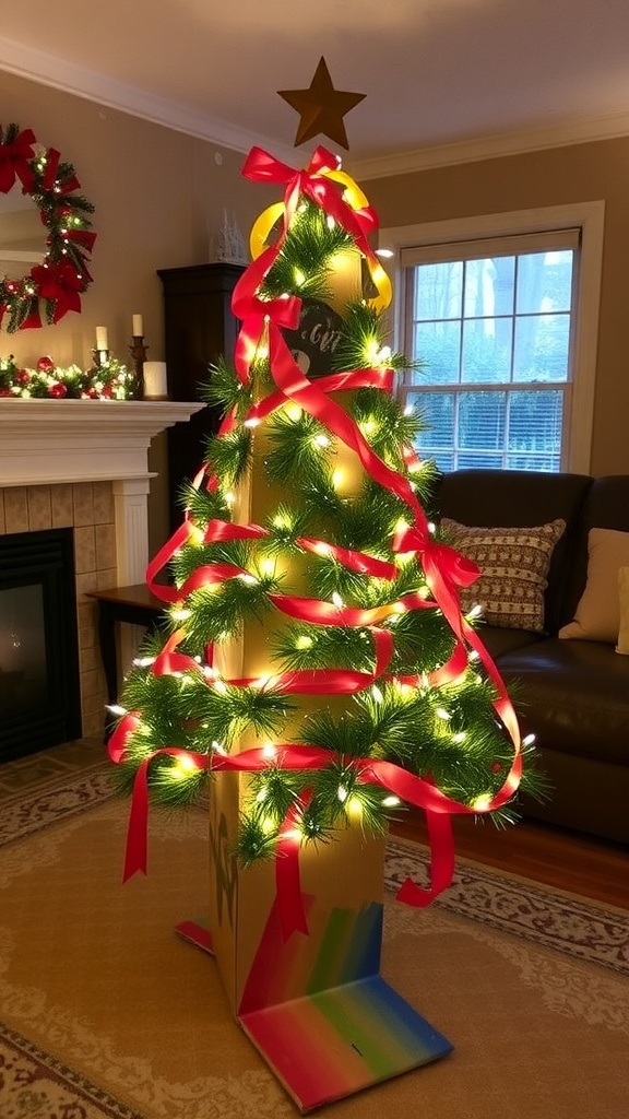 A DIY Christmas tree made from recycled cardboard and decorated with lights and ribbons in a festive setting.